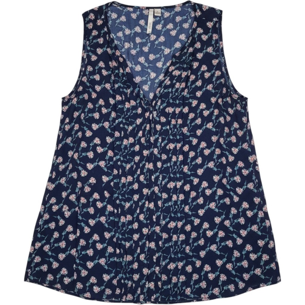 Lauren Conrad Pleated Blouse Womens Large Navy Blue Floral Sleeveless Excellent